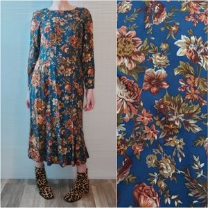 Vintage 90s Leslie Fay Dark Floral Print Long Sleeve Midi Dress Large